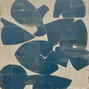 Large hand-painted geometric abstract oil painting with textured blue shapes on a cream background, hanging in a modern minimalist living room with wooden furniture.