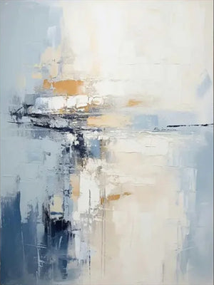 A vertical hand-painted textured oil painting featuring an abstract sunset landscape with bold red, orange, and blue impasto brushstrokes of mountains, displayed in a minimalist living room above a wooden table.