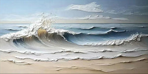 Large hand-painted 3D textured oil painting of crashing ocean waves with heavy white impasto foam and deep blue sea water on a sandy beach.