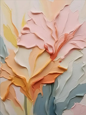 Close-up of a hand-painted floral oil painting showing thick, 3D impasto textures of pink and orange petals with soft green accents in a modern expressive style.