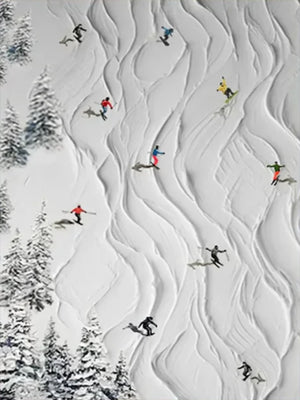 A hand-painted vertical oil painting of a winter mountain slope with heavy 3D white impasto textures resembling snow tracks and small colorful figures of people skiing and snowboarding.