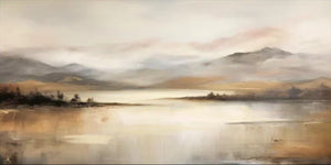 A large horizontal hand-painted modernist oil painting of a misty mountain range and calm lake in warm earth tones, displayed in a luxury minimalist living room.