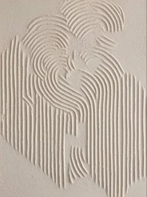 A vertical hand-painted minimalist oil painting in cream and beige, featuring heavy 3D textured geometric ridges and rhythmic wave patterns in a plaster-art style.
