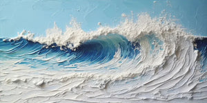 Close-up of a hand-painted 3D textured oil painting depicting a crashing ocean wave with thick white impasto foam and deep blue water on a canvas.