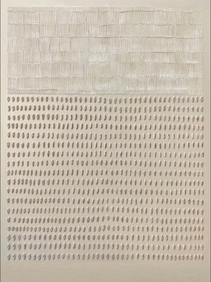 A vertical hand-painted minimalist oil painting in beige featuring a top section of vertical ridges and a bottom section of rhythmic, dot-like 3D plaster textures.