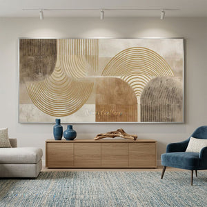 100% handmade abstract oil painting with minimalist geometric lines in neutral earth tones, hanging in a modern living room decor setup.