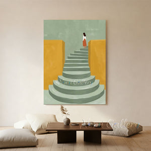 Handmade minimalist abstract oil painting featuring a woman in a white top and orange skirt standing atop a curved green staircase flanked by warm yellow walls.