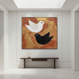 Textured Pair of Birds Hand-Painted Gold Abstract Oil Painting #SS216
