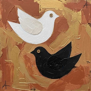 Textured Pair of Birds Hand-Painted Gold Abstract Oil Painting #SS216