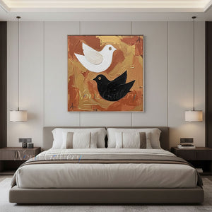 Textured Pair of Birds Hand-Painted Gold Abstract Oil Painting #SS216