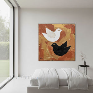 Textured Pair of Birds Hand-Painted Gold Abstract Oil Painting #SS216