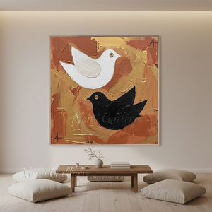 Textured Pair of Birds Hand-Painted Gold Abstract Oil Painting #SS216