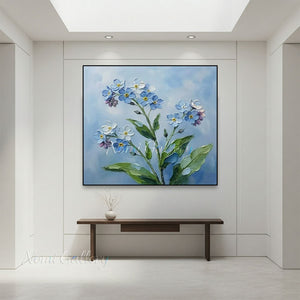 Handmade Abstract Blue Floral Impasto Sky Blue Oil Painting #TC032
