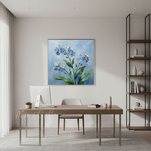 Handmade Abstract Blue Floral Impasto Sky Blue Oil Painting #TC032