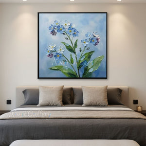 Handmade Abstract Blue Floral Impasto Sky Blue Oil Painting #TC032