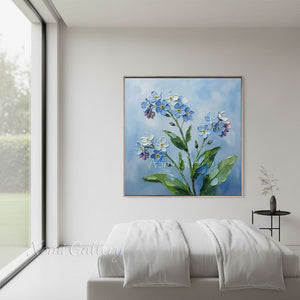 Premium handmade oil painting featuring 3D textured light blue forget-me-not flowers painted with heavy palette knife strokes against a soft sky blue background.
