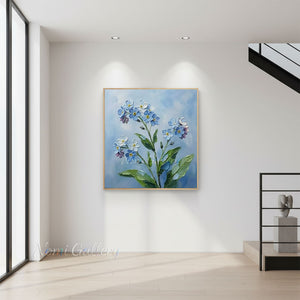 Handmade Abstract Blue Floral Impasto Sky Blue Oil Painting #TC032