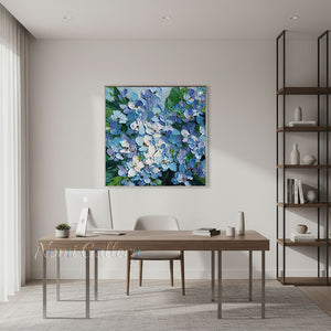Handmade Abstract Blue Hydrangea Impasto Floral Oil Painting #TC033