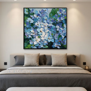 Premium handmade oil painting featuring 3D textured blue and periwinkle hydrangeas crafted with heavy palette knife impasto technique.