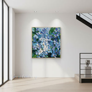 Handmade Abstract Blue Hydrangea Impasto Floral Oil Painting #TC033