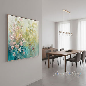 Handmade Abstract Pink Floral Teal Botanical Oil Painting #TC035