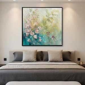 Handmade Abstract Pink Floral Teal Botanical Oil Painting #TC035