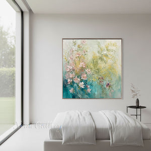 Handmade Abstract Pink Floral Teal Botanical Oil Painting #TC035