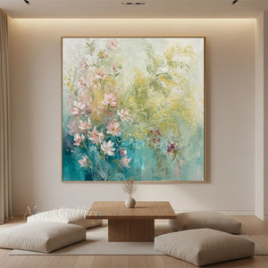 Handmade Abstract Pink Floral Teal Botanical Oil Painting #TC035