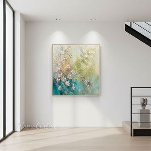 Handmade Abstract Pink Floral Teal Botanical Oil Painting #TC035
