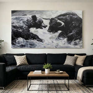 100% handmade expressionist abstract oil painting depicting a powerful bull and bear conflict in monochrome black and white tones, displayed in an executive office setting.