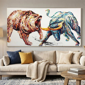 100% handmade expressionist abstract oil painting featuring a powerful bull and bear conflict with heavy texture, displayed in an executive office setting.