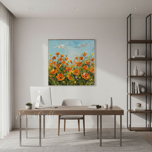 Handmade Abstract Orange California Poppy Impasto Oil Painting #TC036