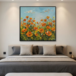 Premium handmade abstract oil painting depicting vibrant orange California poppies in a meadow under a sky blue cloud-dappled sky, created with heavy palette knife impasto texture