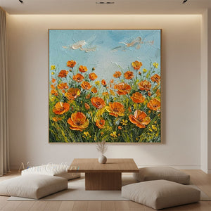 Handmade Abstract Orange California Poppy Impasto Oil Painting #TC036