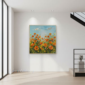Handmade Abstract Orange California Poppy Impasto Oil Painting #TC036