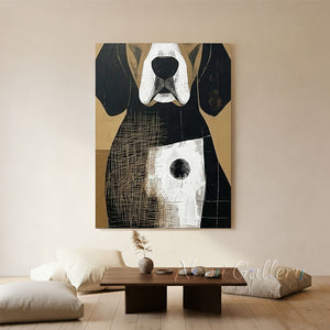 Handmade modern retro abstract oil painting showcasing a stylized geometric silhouette of a hound dog with black, white, and grid textures on a vintage gold background.