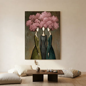 Handmade modern minimalist abstract oil painting featuring a large blooming flower vortex with thick, raised 3D textured impasto brushstrokes in sage green, mint, and warm sand beige.