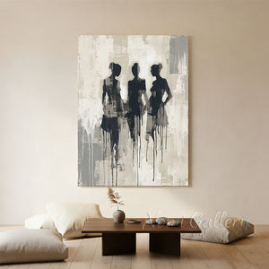 Handmade contemporary abstract oil painting showing three elegant faceless female silhouettes in black charcoal effects with artistic vertical paint drips against a distressed grey and cream background.