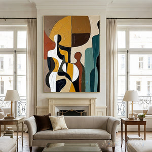 Large hand-painted modern abstract oil painting featuring a minimalist surrealist figure silhouette with vibrant red lips, styled beautifully above a dark wood sideboard in a contemporary chic living room.
