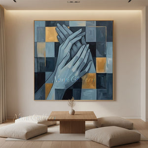 Hand-painted modern abstract cubism oil painting showcasing intertwined human hands over a geometric grid background of slate blue, black, and gold blocks.