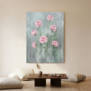 Handmade modern romantic abstract oil painting showcasing seven pink roses with vertical white and silver glitter paint drips cascading down against a misty sage green and grey gradient background.