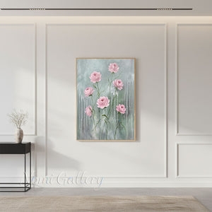 Handmade Abstract Sage Green Pink Floral Drip Canvas Art #TC019