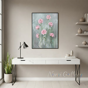 Handmade Abstract Sage Green Pink Floral Drip Canvas Art #TC019