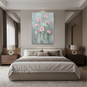 Handmade Abstract Sage Green Pink Floral Drip Canvas Art #TC019