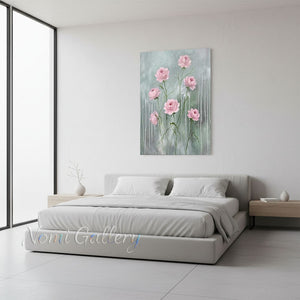Handmade Abstract Sage Green Pink Floral Drip Canvas Art #TC019