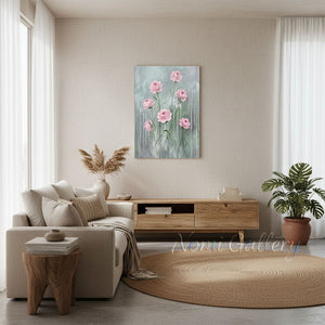 Handmade Abstract Sage Green Pink Floral Drip Canvas Art #TC019