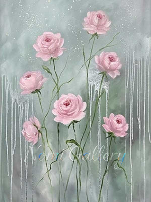 Handmade Abstract Sage Green Pink Floral Drip Canvas Art #TC019