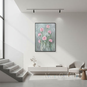 Handmade Abstract Sage Green Pink Floral Drip Canvas Art #TC019