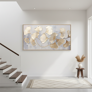 Golden Ginkgo Abstract Wall Art | Textured Floral Oil Painting #SS109