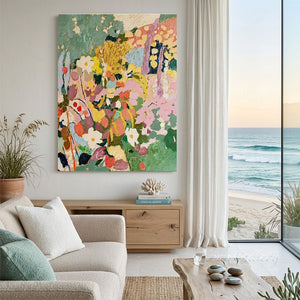A 100% handmade abstract garden oil painting featuring an impressionist meadow of blooming pink and white flowers, lush sage green leaves, and soft cream yellow trees in heavy textured palette knife strokes.
